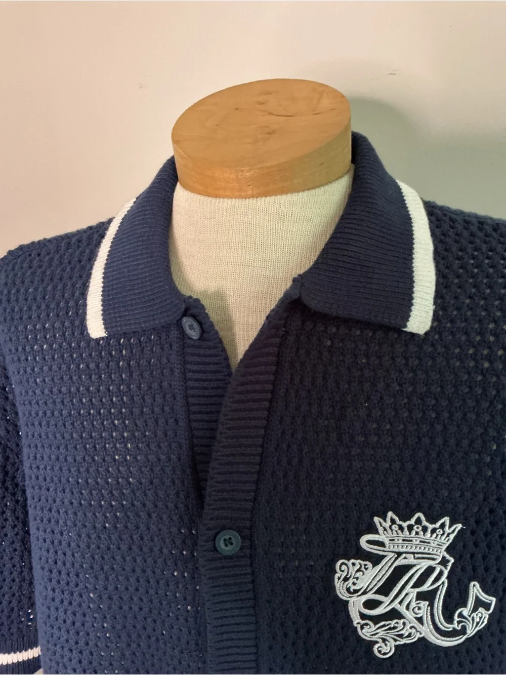 True Religion Navy Open-Knit Polo Cardigan Shirt with White Trim